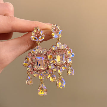 Pink Crystal Chandelier Drop Earrings in Gold Tone