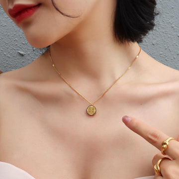 Gold Double Happiness Fu Coin Necklace Zircon Edge Pendant Chain