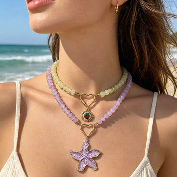 Colorful Round Bead Necklaces With Seven Novelty Gold Tone Pendants