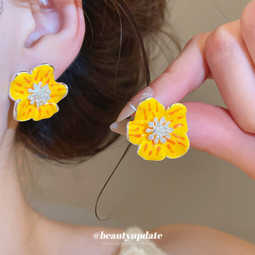 Yellow Enamel-Look Flower Stud Earrings with Crystal Centers