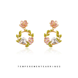 Pink Flower White Rabbit Leaf Wreath Drop Earrings