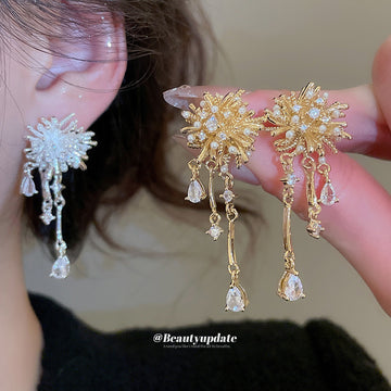 Crystal Firework Flower Gold And Silver Tone Dangle Earrings