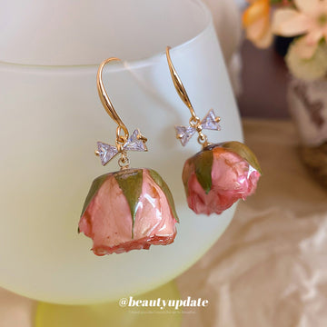 Preserved Pink Rose Bow Hook Earrings Fashion Jewelry Accessory