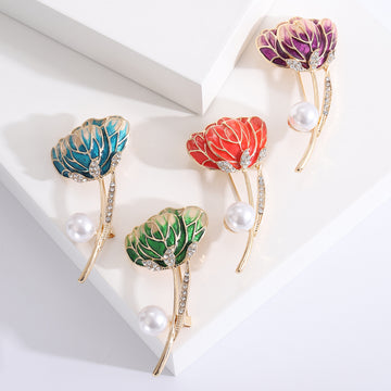 Flower Bud Brooch in Metal with Enameled Petals, a Gold-tone Stem, and a Pearl Accent