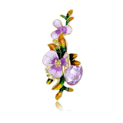 Front product view of the flower brooch pin in purple and gold