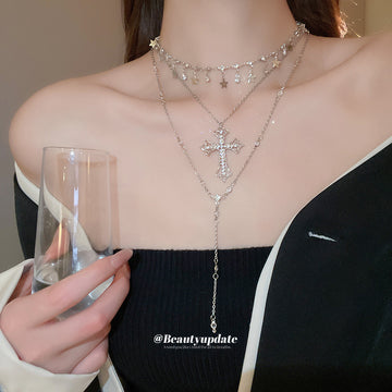 Layered Star and Cross Pendant Necklace Set