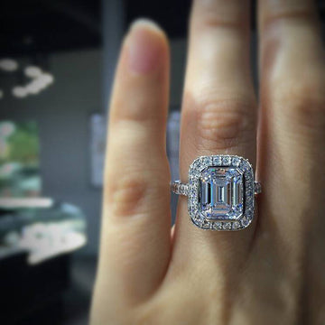 Silver Tone Emerald Cut Halo Crystal Ring