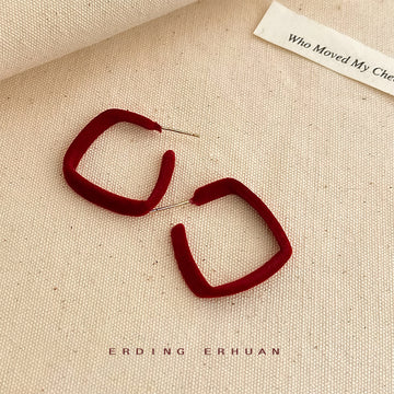 Wine Red Velvet Geometric Square Open Hoop Stud Earrings