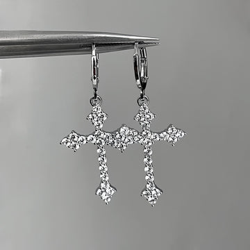 Silver Tone Crystal Cross Dangle Huggie Earrings with Decorative Accents