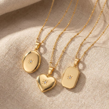 Gold Tone Hinged Photo Locket Necklace In Three Shapes