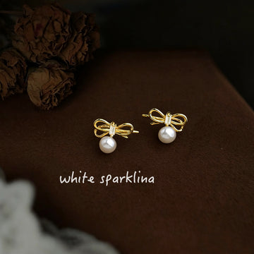 Gold Bow Pearl Stud Earrings Clear Baguette Center Accent Pair