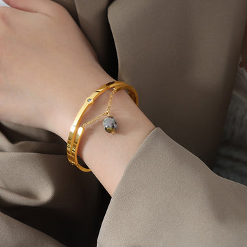 Gold Dual Band Cuff Bangles Chain Stone Bead Pendants Two Styles