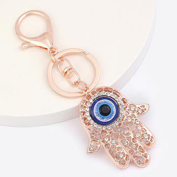 Rose Gold Filigree Hamsa Hand Blue Evil Eye Keychain