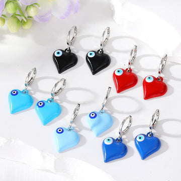 Silver Tone Puffy Heart Evil Eye Huggie Earrings in Five Colors