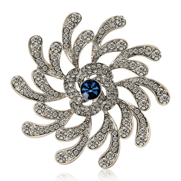 Silver Spiral Flower Brooch Clear Rhinestones Blue Center