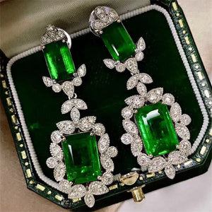 White Gold Tone Green Emerald Cut Crystal Drop Earrings