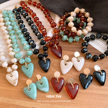 Marbled Heart Bead Necklaces Bracelets Earrings Eight Styles