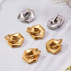 Faceted Open Hexagon Drop Hoop Earrings in Gold and Silver Tone
