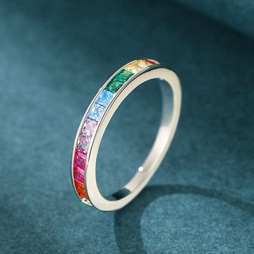 Multicolor Square Stone Channel Slim Ring In Silver Tone
