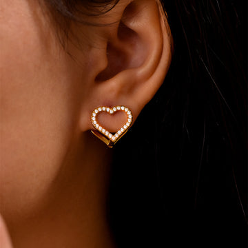 Double Sided Heart Zircon Stud Earrings Gold Steel