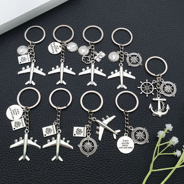 Nine-Style Antique Silver Airplane Globe Passport Travel Keychain Collection