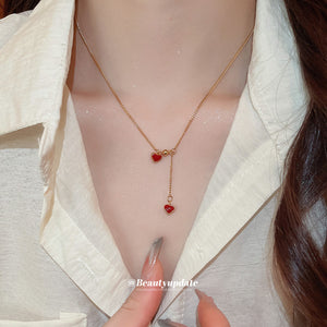 Gold Red Enamel Double Heart Y Lariat Chain Necklace