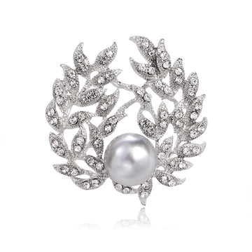 Leaf Wreath Crystal Pearl Look Metal Brooch Pin for Jackets and Lapels