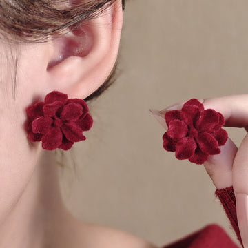 Burgundy Flocked Double Layer Flower Statement Stud Earrings