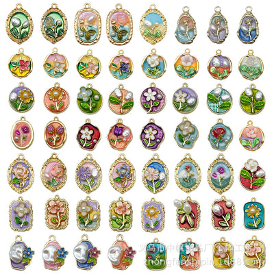 Colorful flower charms arranged on a light background
