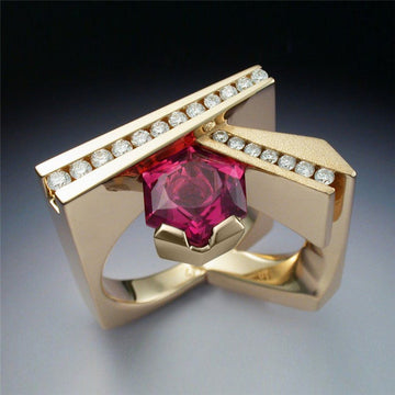 Gold Tone Geometric Red Crystal Statement Ring Jewelry