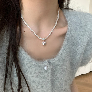 Silver Double Layer Pearl Bead Heart Pendant Necklace