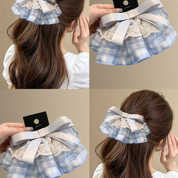 Blue Gingham Lace Ruffle Satin Bow Spring Hair Clip