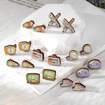 Colorful School Supplies Wood Stud Earrings in Nine Designs