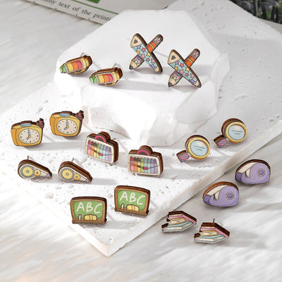 Main product view of colorful School Supplies Wood Stud Earrings in Nine Designs