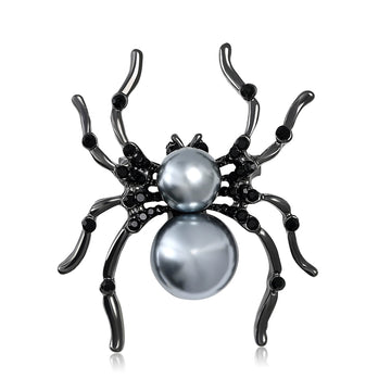 Pearl Body Spider Brooch Crystal Legs Silver Black