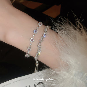 Purple Round Crystal Bracelet And Clear Marquise Leaf Bracelet In Silver Tone