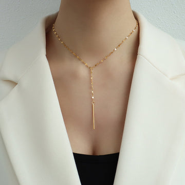 Gold Y Lariat Necklace Thin Vertical Bar Pendant Drop