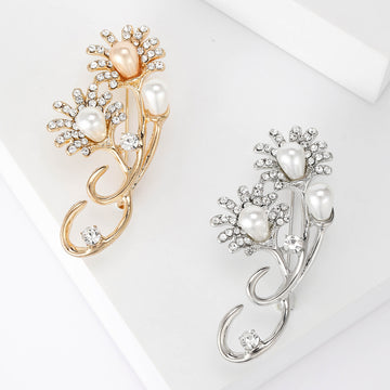 Pearl Rhinestone Daisy Stem Brooch Silver or Gold Tone Pin