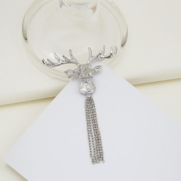 Silver Deer Head Brooch Chain Tassel Fringe Pin Metal