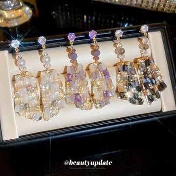 Faceted Crystal Long Drop Stud Earrings Fashion Jewelry