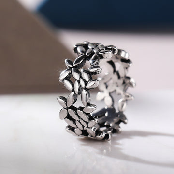 Antique Silver Tone Olive Leaf Openwork Wide Band Ring