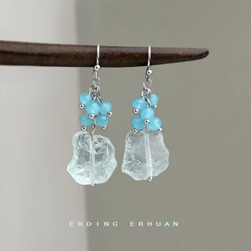 Blue Crystal Chip Pale Aqua Glass Drop Hook Earrings
