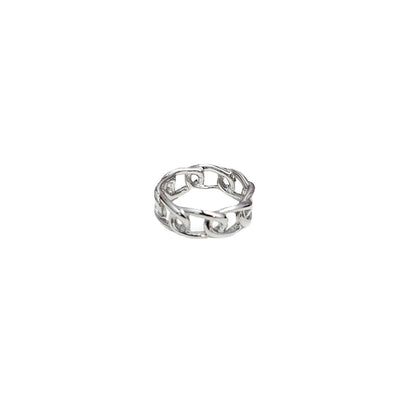 Silver oval chain link band ring on white background