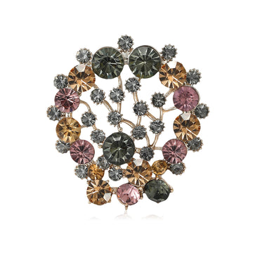 Multicolor Crystal Open Circle Brooch With Floral Clusters