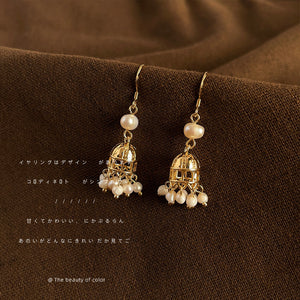 Gold-Tone Pearl Cage Bell Cluster Drop Hook Earrings