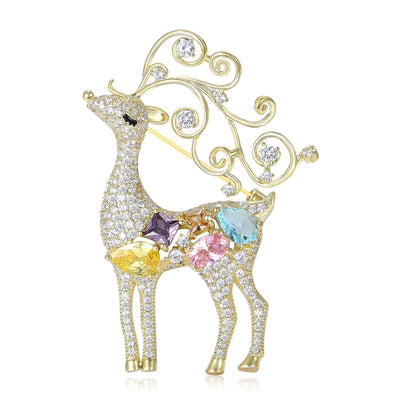 Gold pave reindeer brooch multicolor body stones