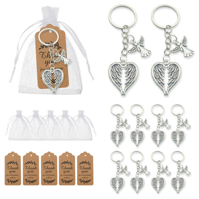 A collage shows the packaged keychain, loose silver-tone keychains, white organza bags, and printed tags.