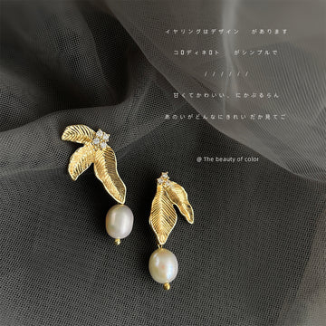 Gold Leaf Pearl Drop Earrings Crystal Accent Stud Pair