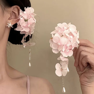 Pink Fabric Hydrangea Pearl Tassel Duckbill Hair Clip