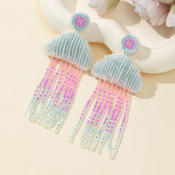 Blue Beaded Jellyfish Drop Earrings With Pastel Fringe Tassels